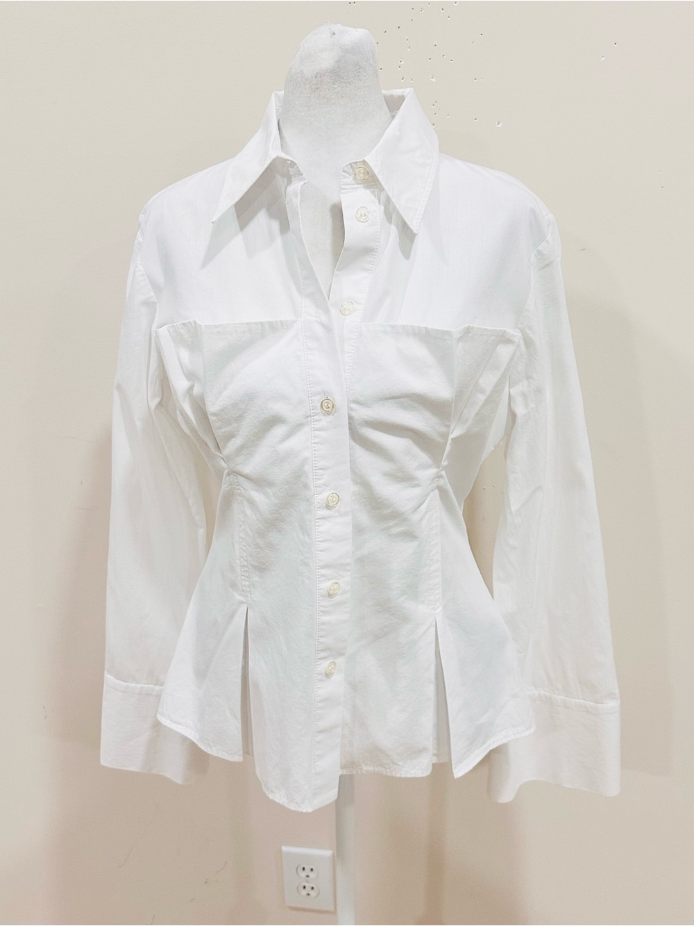 Zara White Poplin Corset Shirt Pleated Waist Ext Cuff Blouse M - Picture 5 of 12